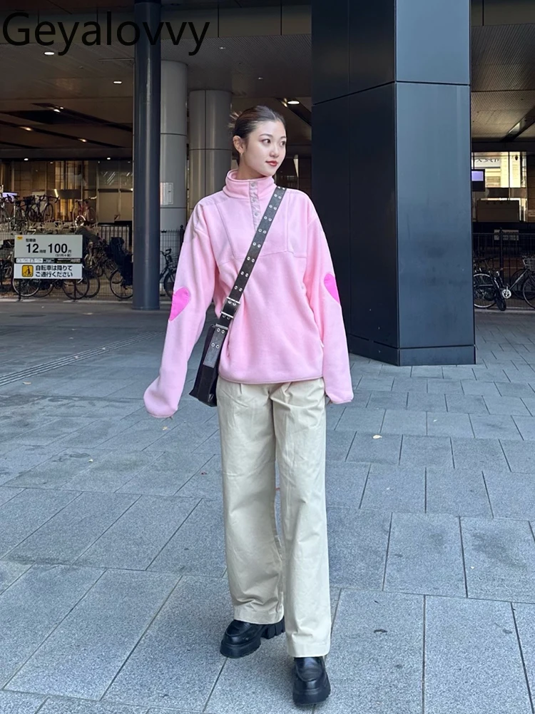 Japanese Style Women's Loose Pullover Color-Block Embroidery Fleece Long Sleeve Sweatshirt Fashion Autumn Winter Casual Hoodies