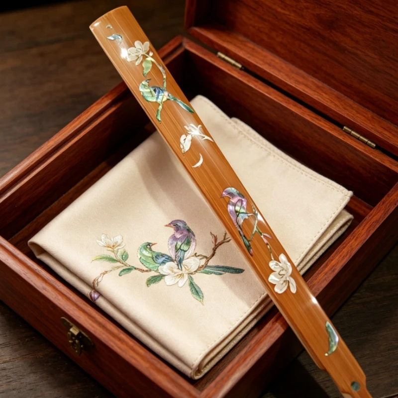 9.5 Inch Ancient Style Folding Fan Mother of Pearl Inlaid Lotus Bamboo Chrysanthemum Craft Fan  with Pure White Fan Surface