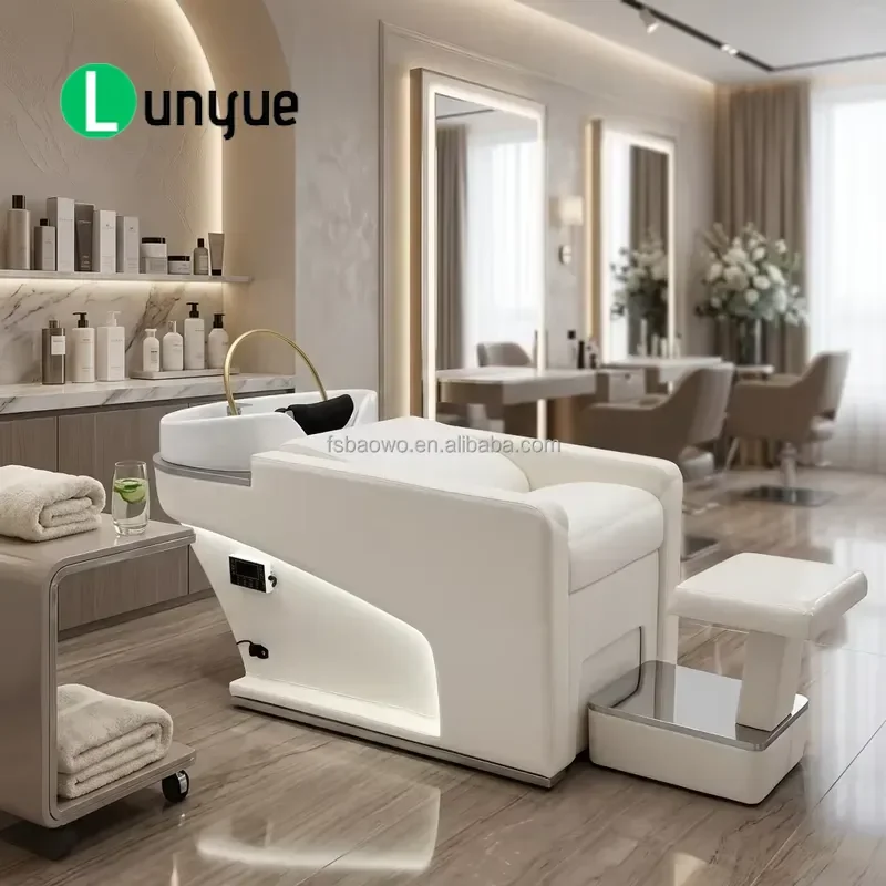 Electric Massage Bed White Diamond Shampoo Chair with Workbench for Barber Shop Furniture Comfortable Styling Station