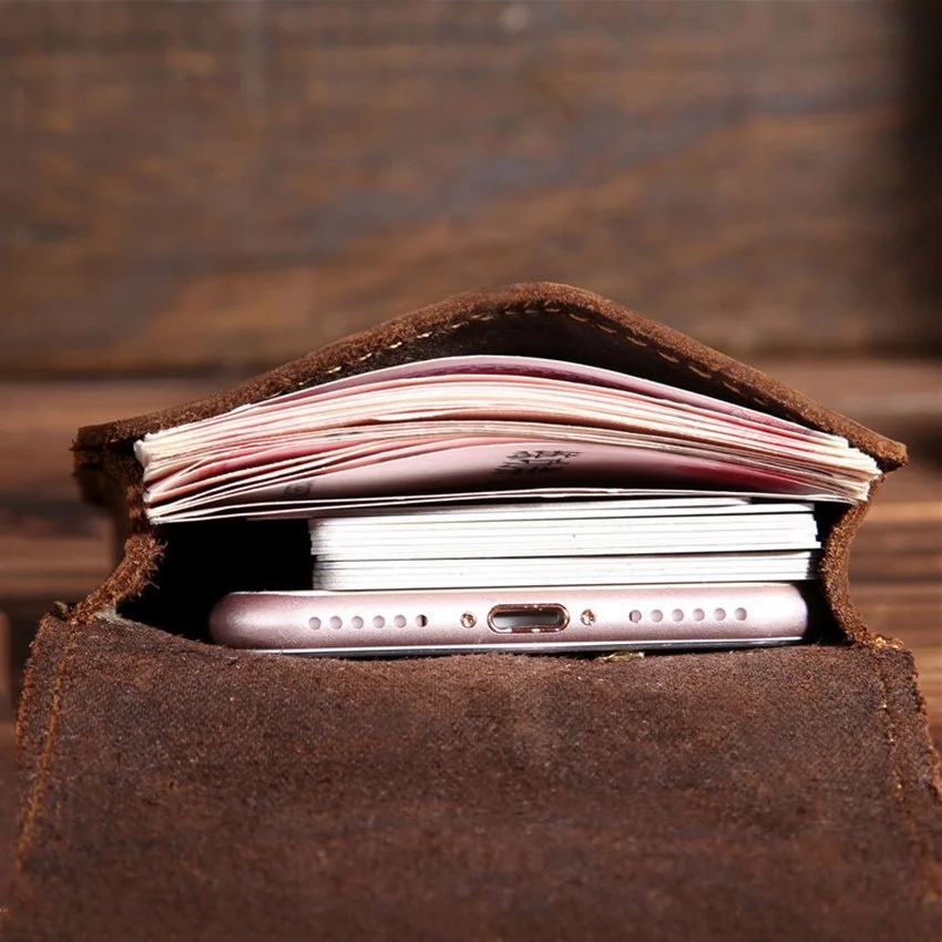 Riñonera Retro de cuero de vaca auténtico para hombre, bolsa para teléfono móvil al aire libre, cartera de mano, monedero con hebilla ajustable