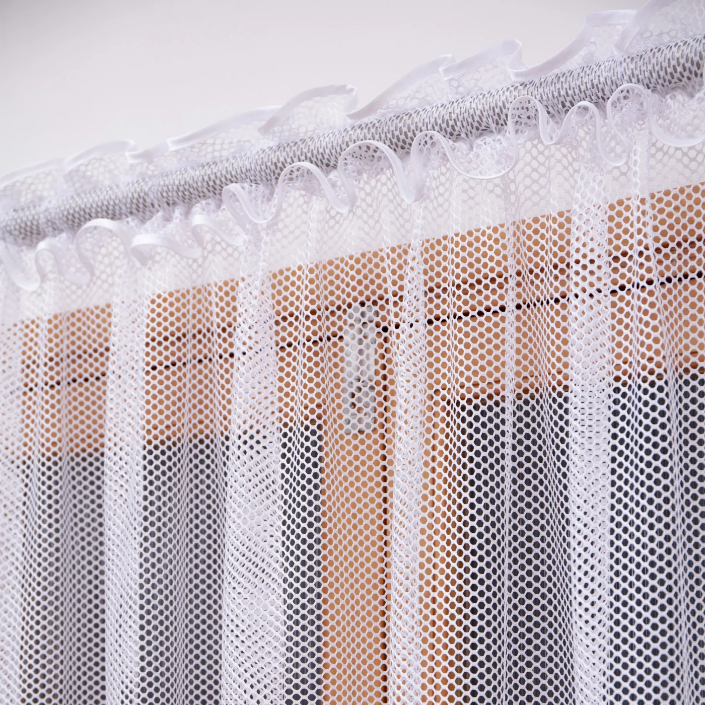 1PC White Striped Mesh Sheer Short Curtain, Crystal Bead Tassel Trim, Light Filtering Drape, For Kitchen Living Room Cafe