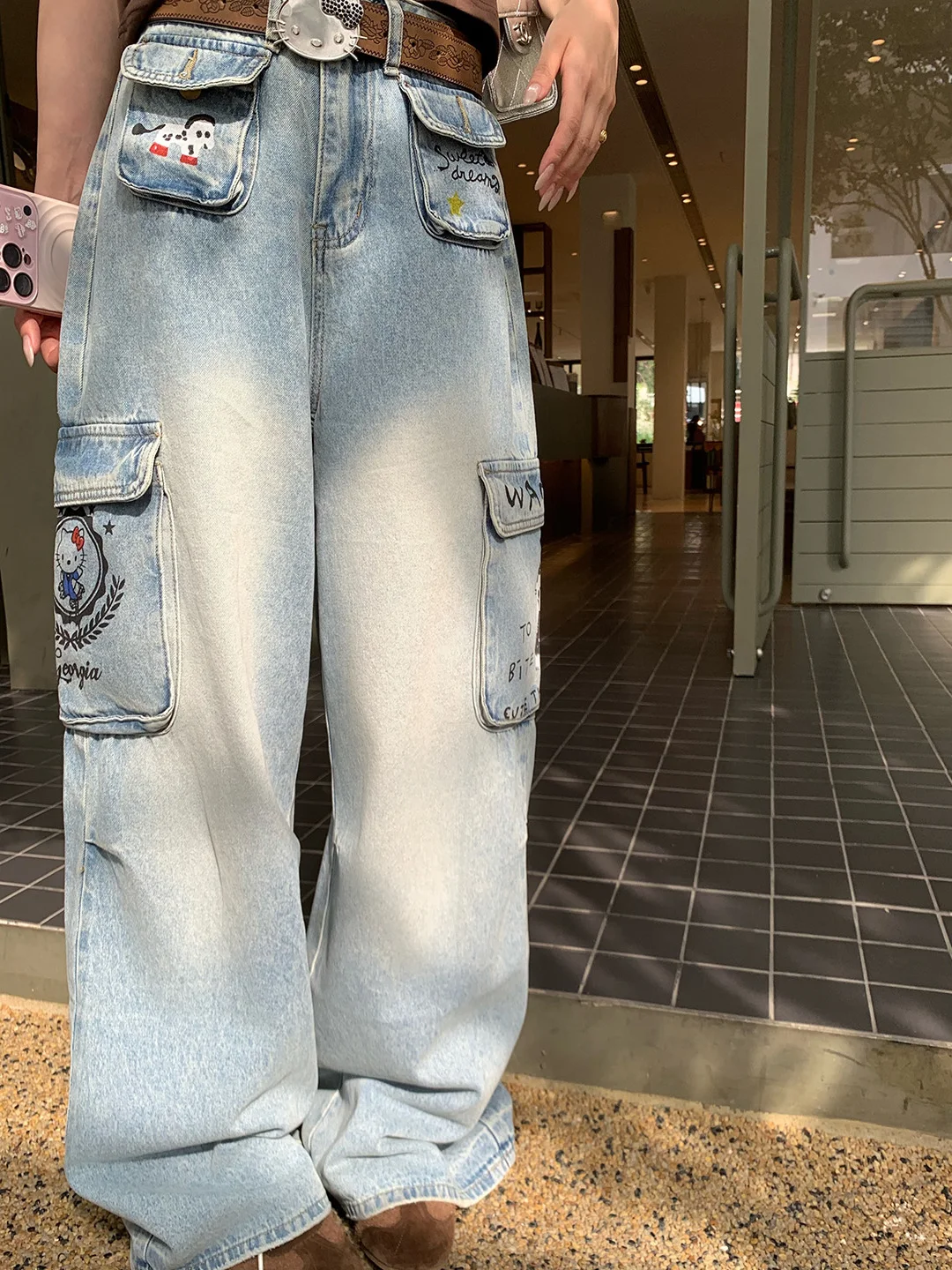 

Kitty Workwear Loose Wide Leg Jeans Women's Spring Summer New Style Worn Design Cotton Natural Waist Button Pocket Pants