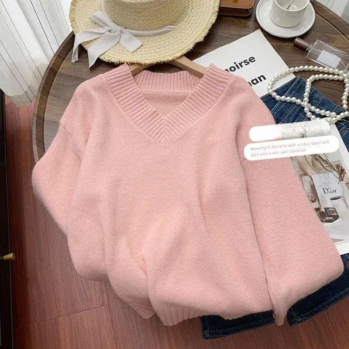 Pink V-Neck Soft Supple Sweater Women's Autumn/Winter Thickened Warm Idle Style Loose-Fit Outer Wear Knitted Top Women's Top