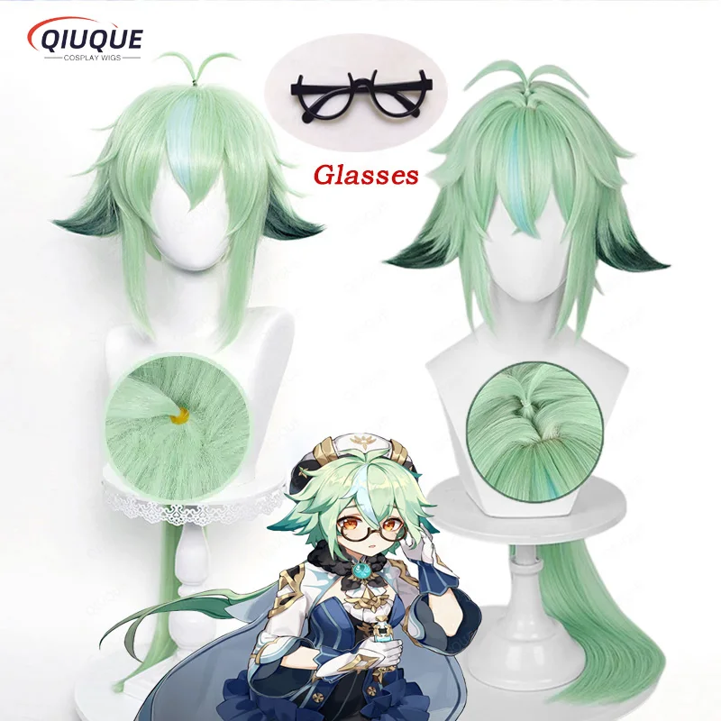 Gioco Impact saccarosio Cosplay parrucca 85cm lungo Apple Green Anime parrucche Cosplay parrucche sintetiche resistenti al calore + cappuccio parrucca