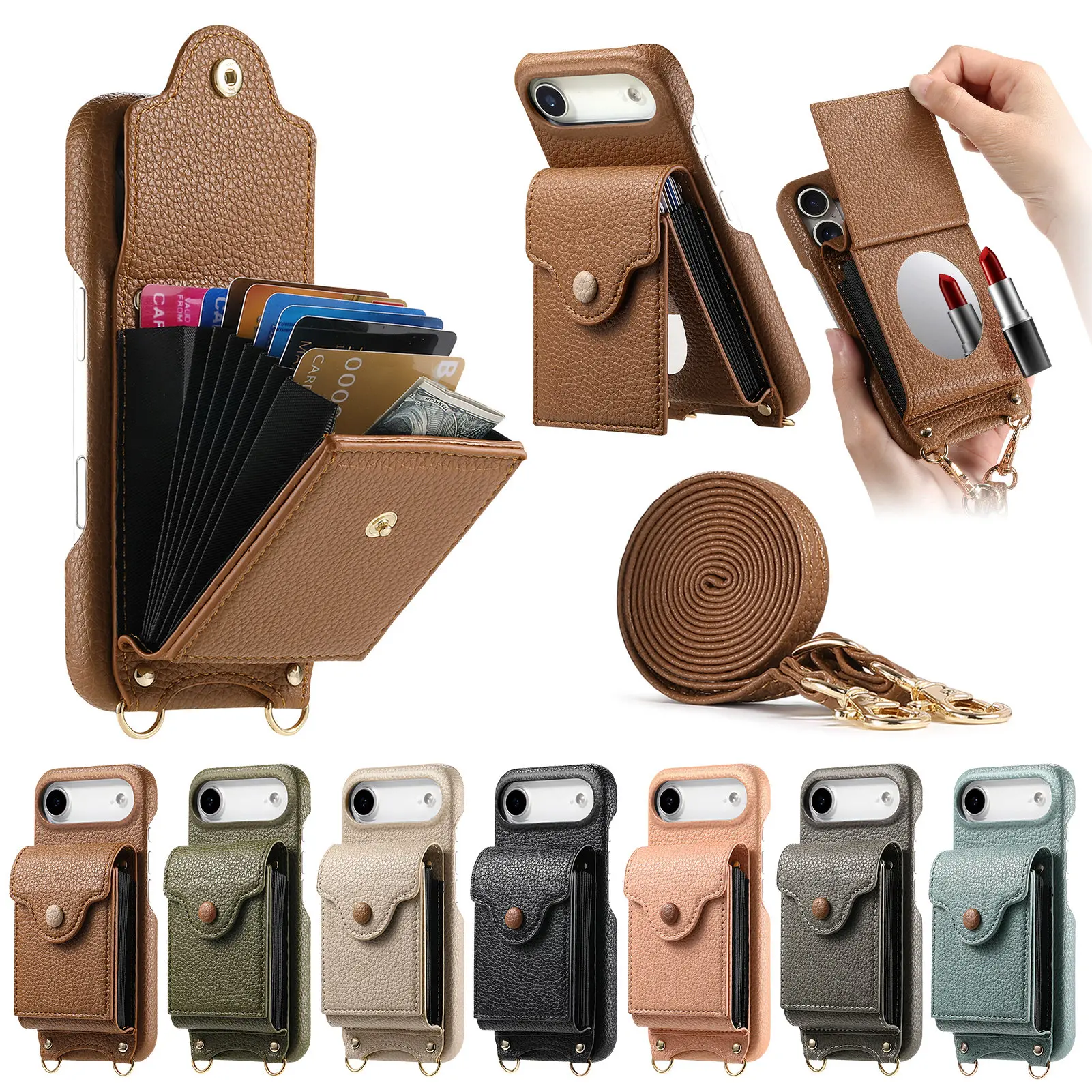 

Multi Functional Card Pack Wallet Case For iPhone 17 17Pro 17Promax 17Air 16Pro 15Plus 14 13 12 11 with Mirror & Shoulder Strap