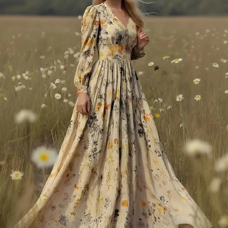 

Women's Printed Bohemian Style Long Dress European American Spring New 2026 Fashion Elegant Casual Maxi Dress