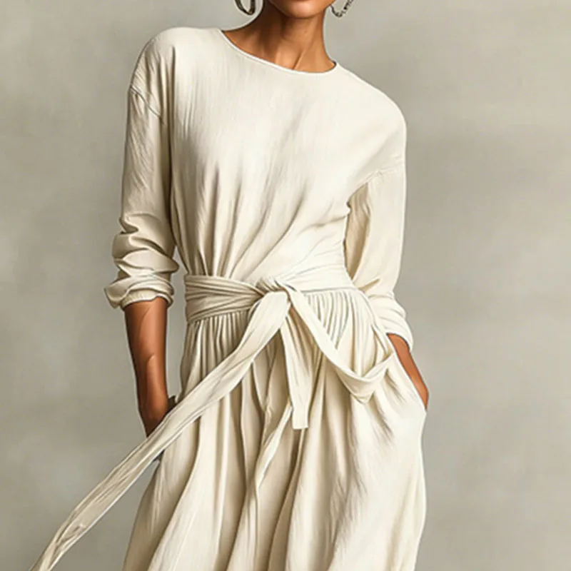 เดรสยาวลำลองสไตล์โบฮีเมียน แขนยาว คอทรงโอ มีกระเป๋า เอวสูง ผูกโบว์  สำหรับผู้หญิง  ใส่ได้ทั้งฤดูใบไม้ผลิและฤดูใบไม้ร่วง  ดีไซน์เรียบหรู
