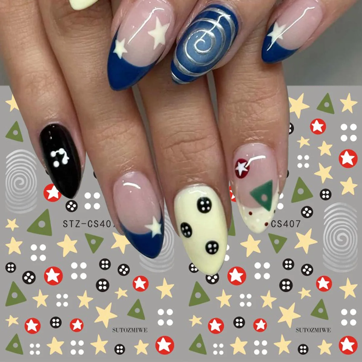 2pcs Y2K Retro Coraline Nail Art Stickers,Star Dice Swirl Spiral Geometric Pattern Self-Adhesive Nail Decals Slider