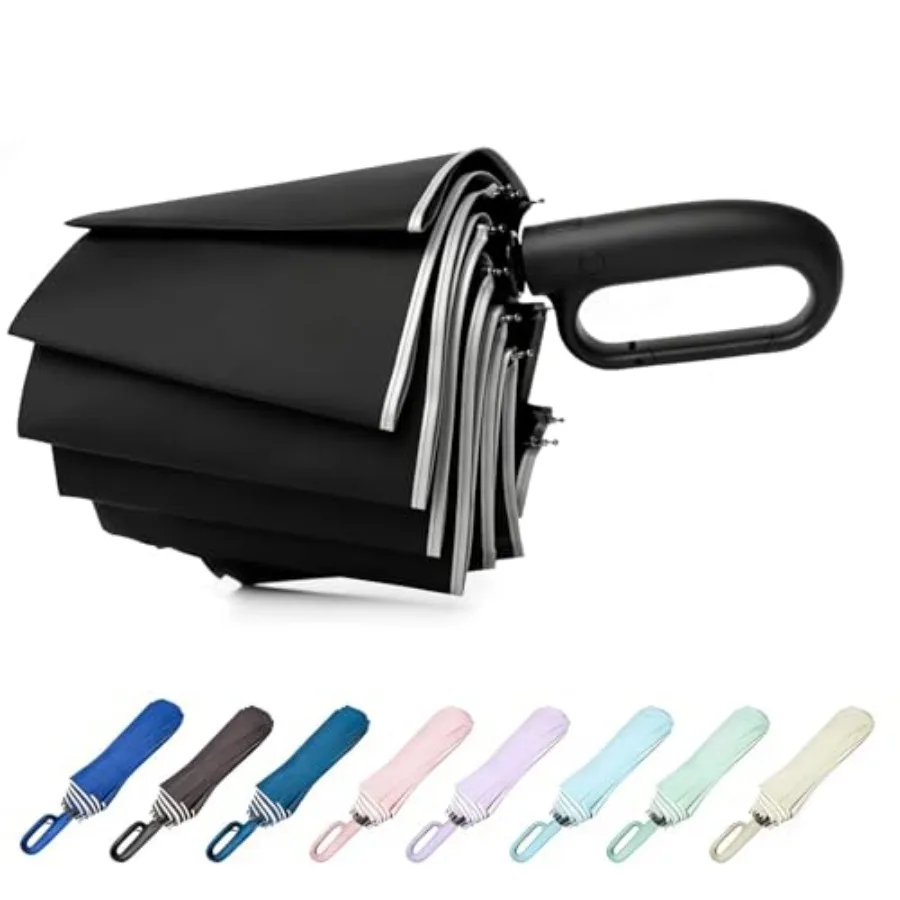 

Travel Essentials Ring Handle Umbrella, Windproof for SUN/UV and Rain with Reflective Stripe, Compact Folding Backpack Umbrella