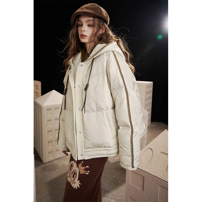 ELFSACK 2024 وصل حديثًا سترة شتوية من جلد البولي يوريثان بغطاء للرأس للنساء، نمط قصير، أكمام راجلان، معطف دافئ