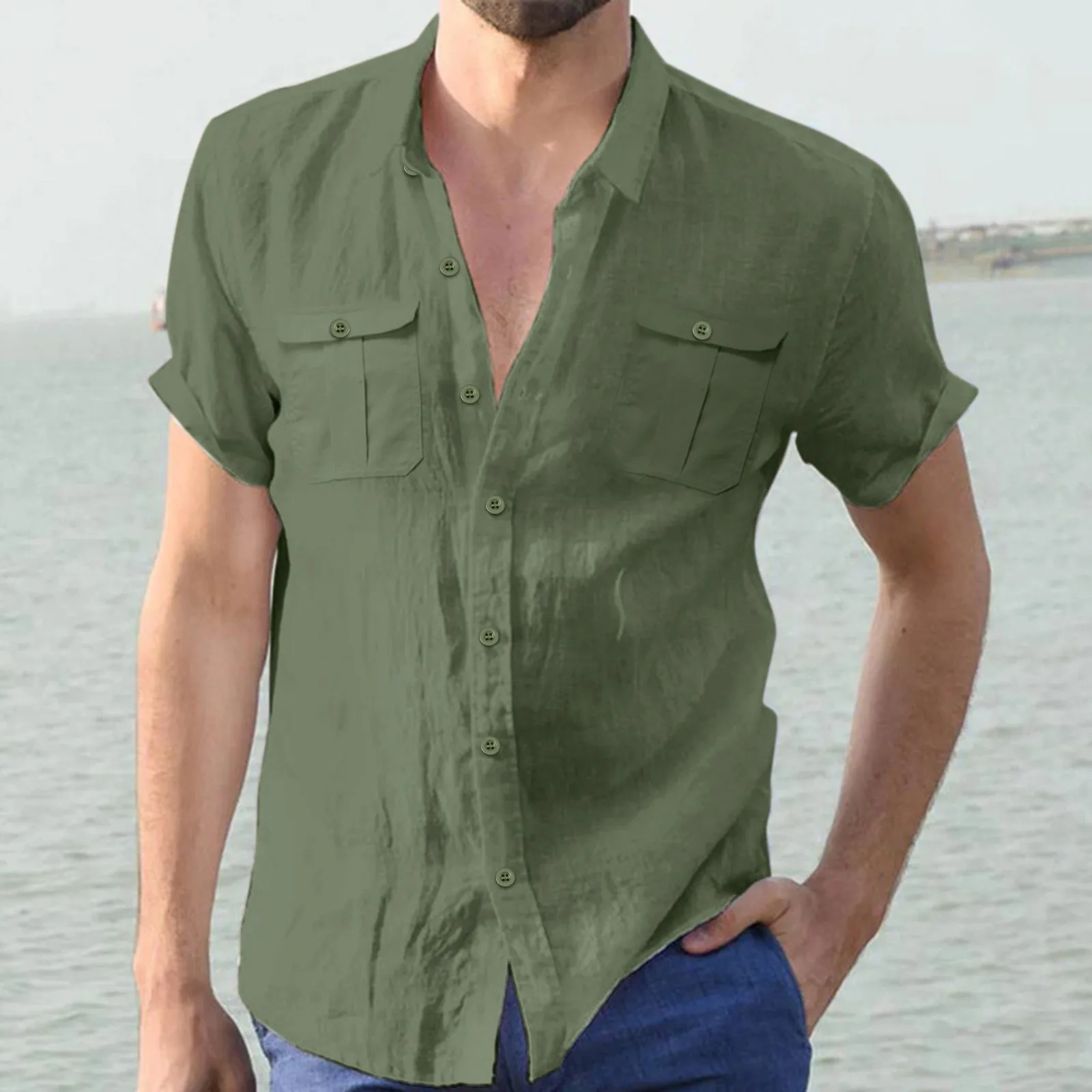 2023 New Summer Men's Short Sleeve Shirt Linen Tshirt Solid Color Often Double Pocket Casual Loose Man Fashion Shirt Beach Tops