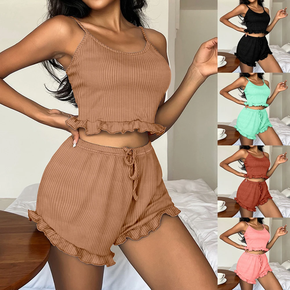 

2025 NEW Sexy Womens Ribbed Pajama Set Tank Top Shorts Homewear Sleeveless Sleepwear