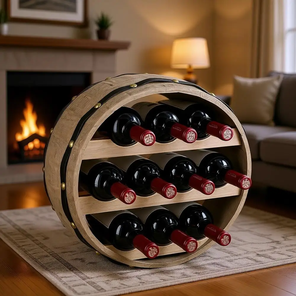 

Natural Wood Wall-Mounted Barrel Wine Rack for 10 Bottles, Rustic Decorative Storage Organizer for Home Wine Bar