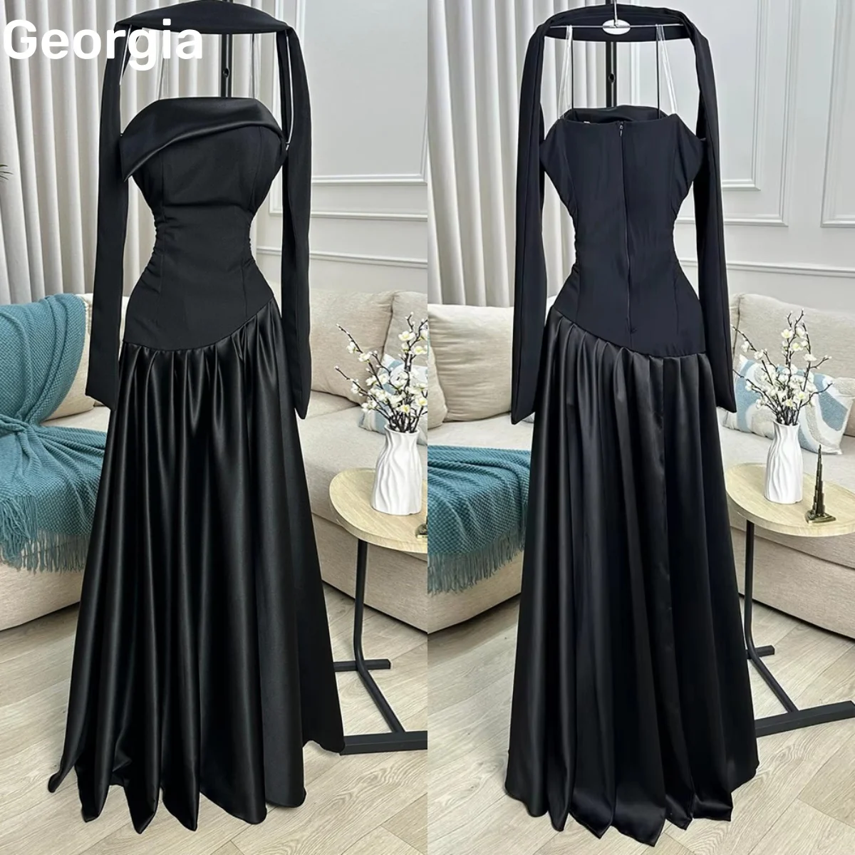 فساتين سهرة نسائية مخصصة على شكل حرف a بدون حمالات فساتين مناسبة رسمية بطول الأرض وسحاب حتى كشكش وأكمام طويلة