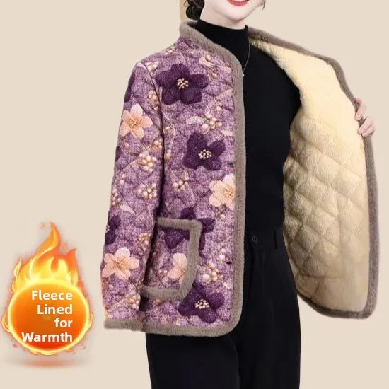 

Утепленное флисовое пальто с цветочным принтом для женщин среднего и старшего возраста, модная хлопковая одежда, зимнее пальто