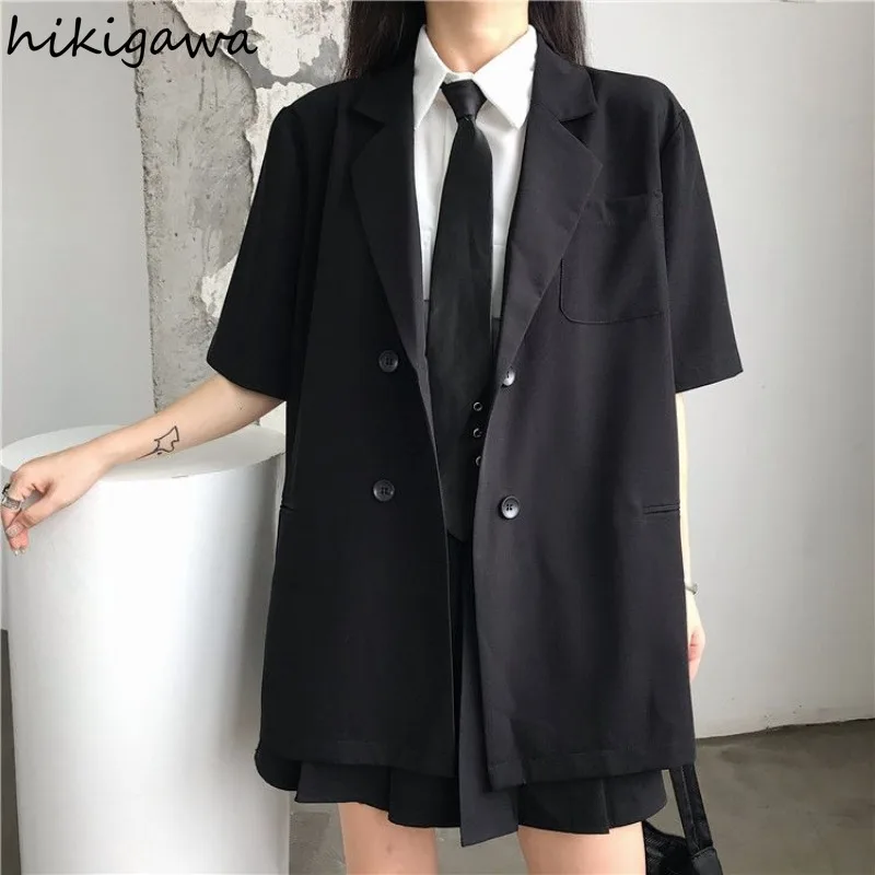 Black Blazer Mujer De Moda 2024 Summer Thin Harajuku Jackets Short Sleeve Double-breasted Oversized Tops Fashion Casual Coat