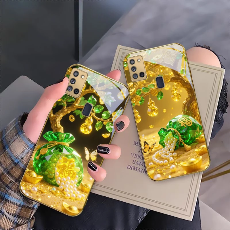 الأخضر لطيف محظوظ حقيبة لسامسونج A 70 71 72 73 14 15 13 16 25 A26 31 32 33 34 35 50 51 52 53 54 55 56 الزجاج الذهبي جراب هاتف