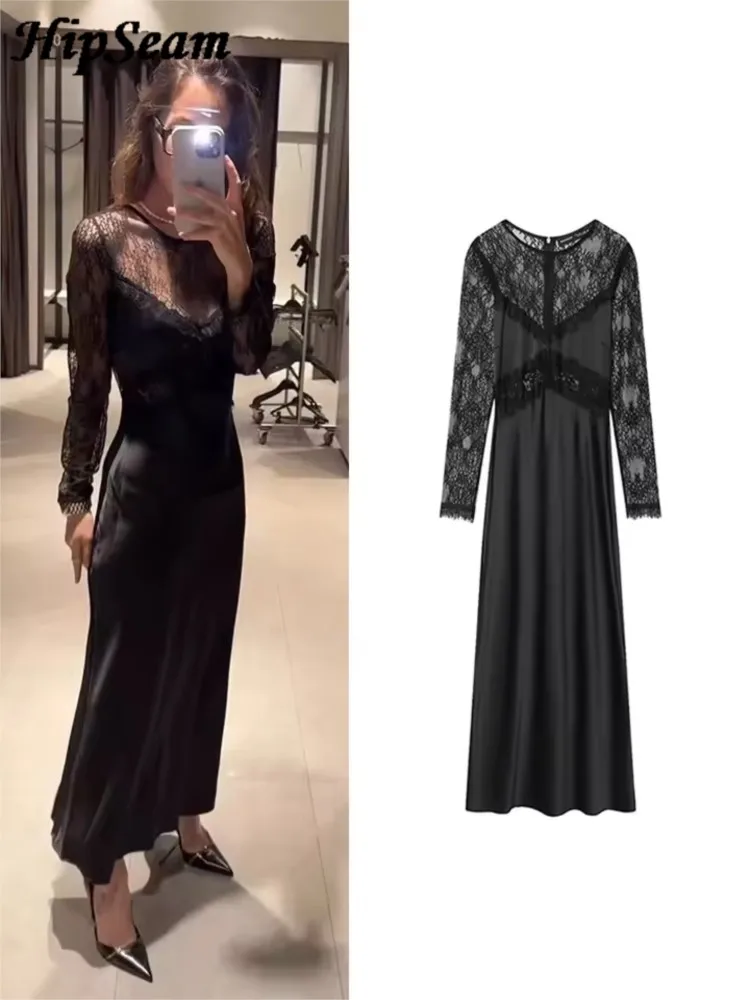 ربيع الخريف المرأة الساتان فستان طويل مع الدانتيل مجتمعة عادية أنيقة سليم المرأة فستان موضة فستان الحفلات النسائية