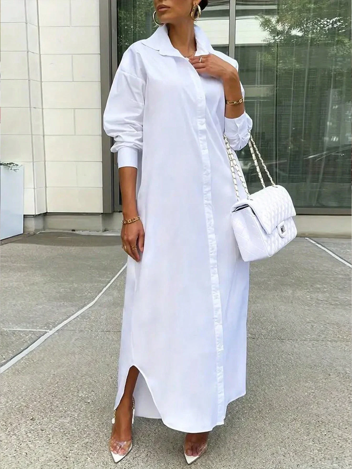 

Women's Loose Button Detail Streetwear Shirt Dress European American Style Fall Winter