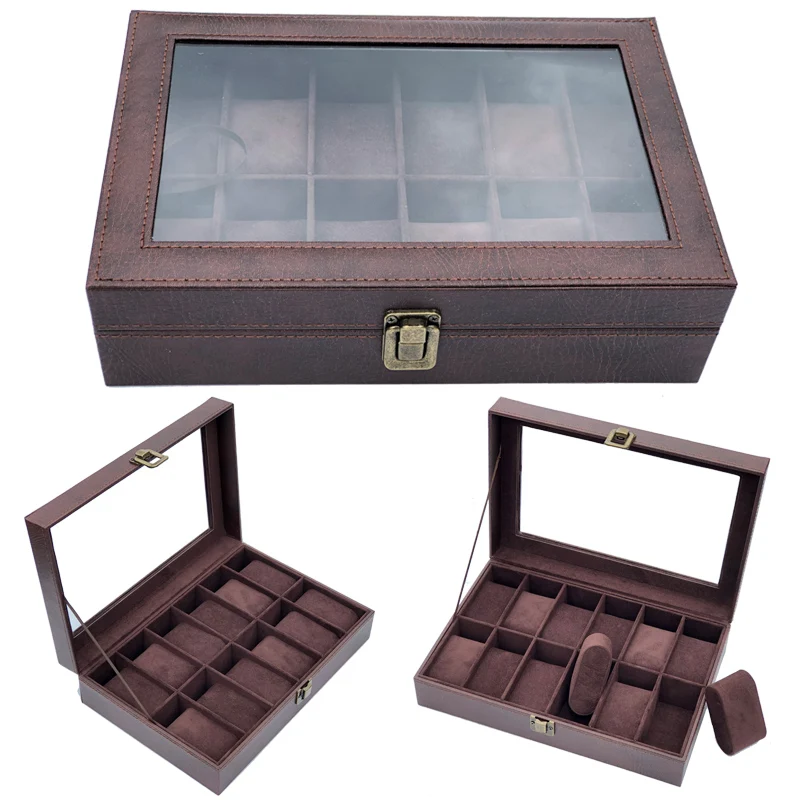 12 Slots Leather Watch Storage Brown Box Organizer New men's women's Watches Display Holder Cases Jewelry Glasses Gifts Boxes