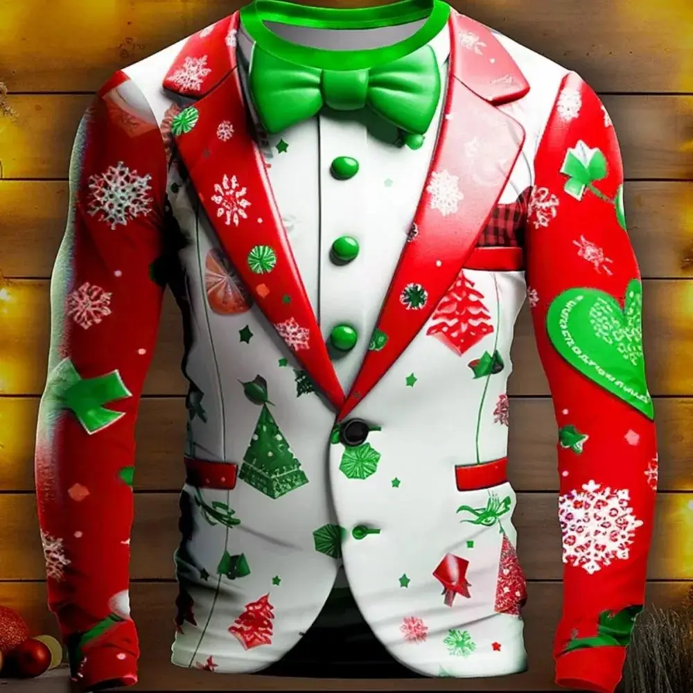 New Man Business Christmas Party Series Fake Suit Fashion Interesting 3d Printed Long Sleeve Crew Neck Trend Plus Size Clothing