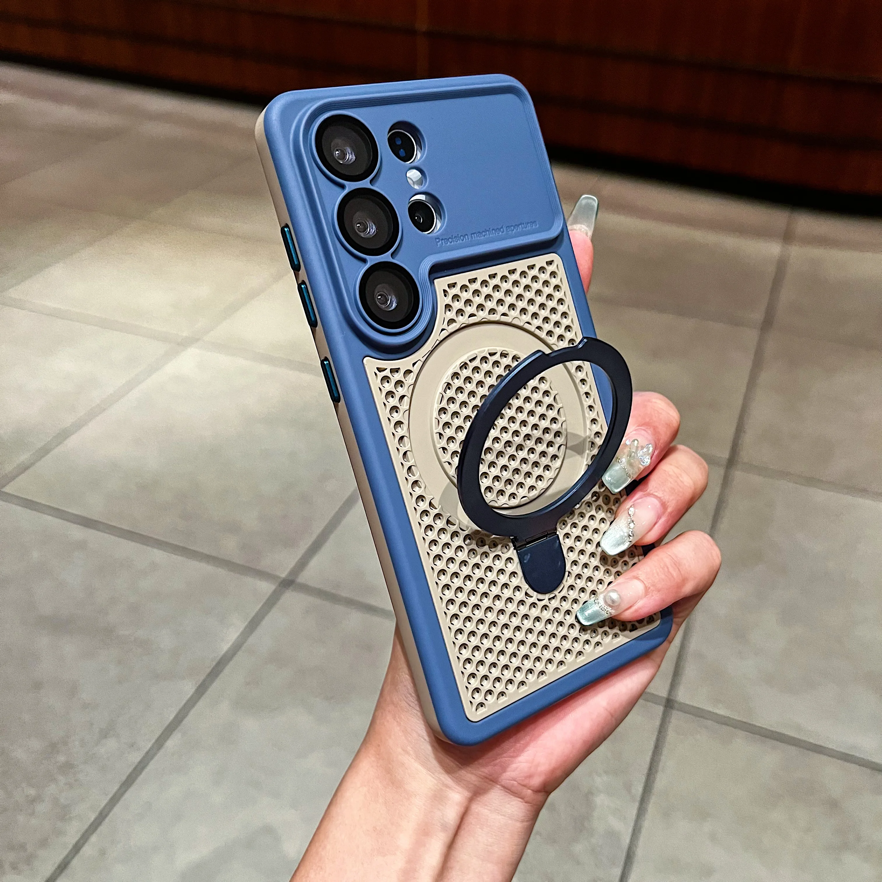 New Luxury Heat Dissipation Mesh Hole Phone Case for Samsung S24 S25 S26 Ultra Magnetic Wireless Charge Stand Holder Armor Cover