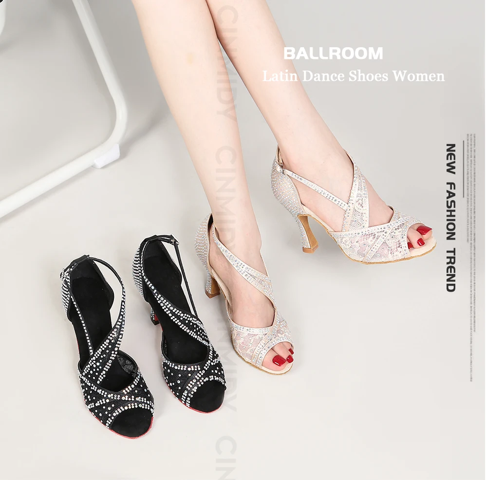 CINMIDY Rote Sohle Latein Tanzschuhe für Damen Tango Ballsaal Tanzschuhe Kubanischer Absatz Strass Hochzeitsschuhe Damensandalen – Detail 1