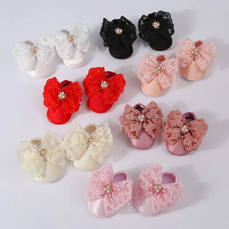 

Baby Girls Flat Shoes Soft Sole Hollow Out Bowknot Pearl Decor Non-slip First Walkers Indoor Outdoor Toddler Walking Shoes