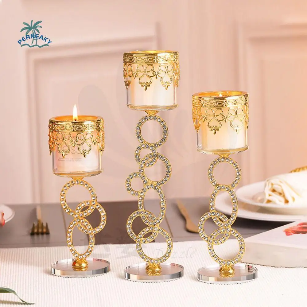 Diamond-encrusted Cylindrical Candle Holder Light Luxury Charming Metal Butter Lamp Holder Iron Art Glass Candlestick Party