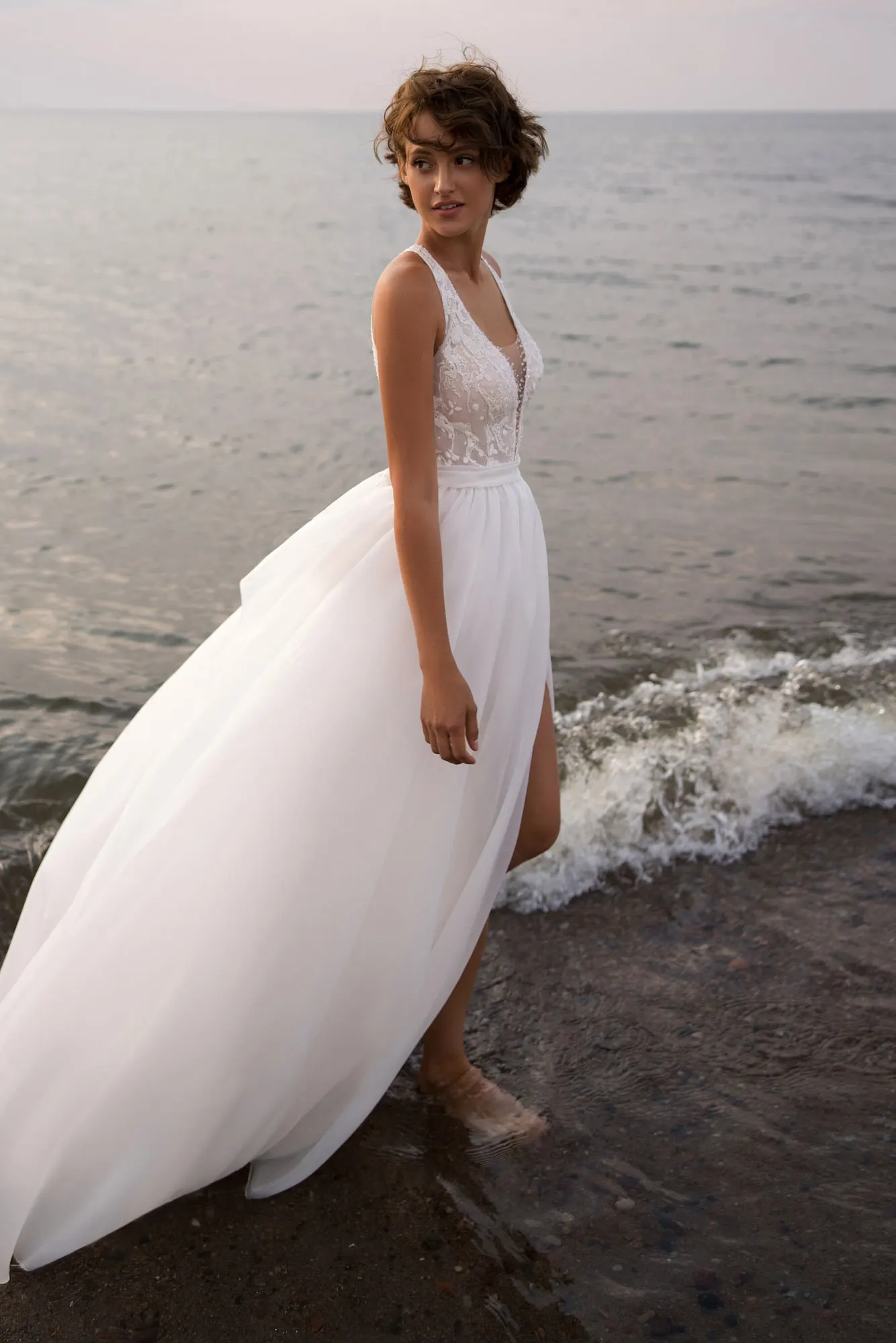 DREAM-Robe de Mariée de Plage Personnalisée avec Appliques de Perles, Dos aux, Col Licou, Fente Latérale Haute, Patients Boho, Quelle que soit l'Élégante, 2025