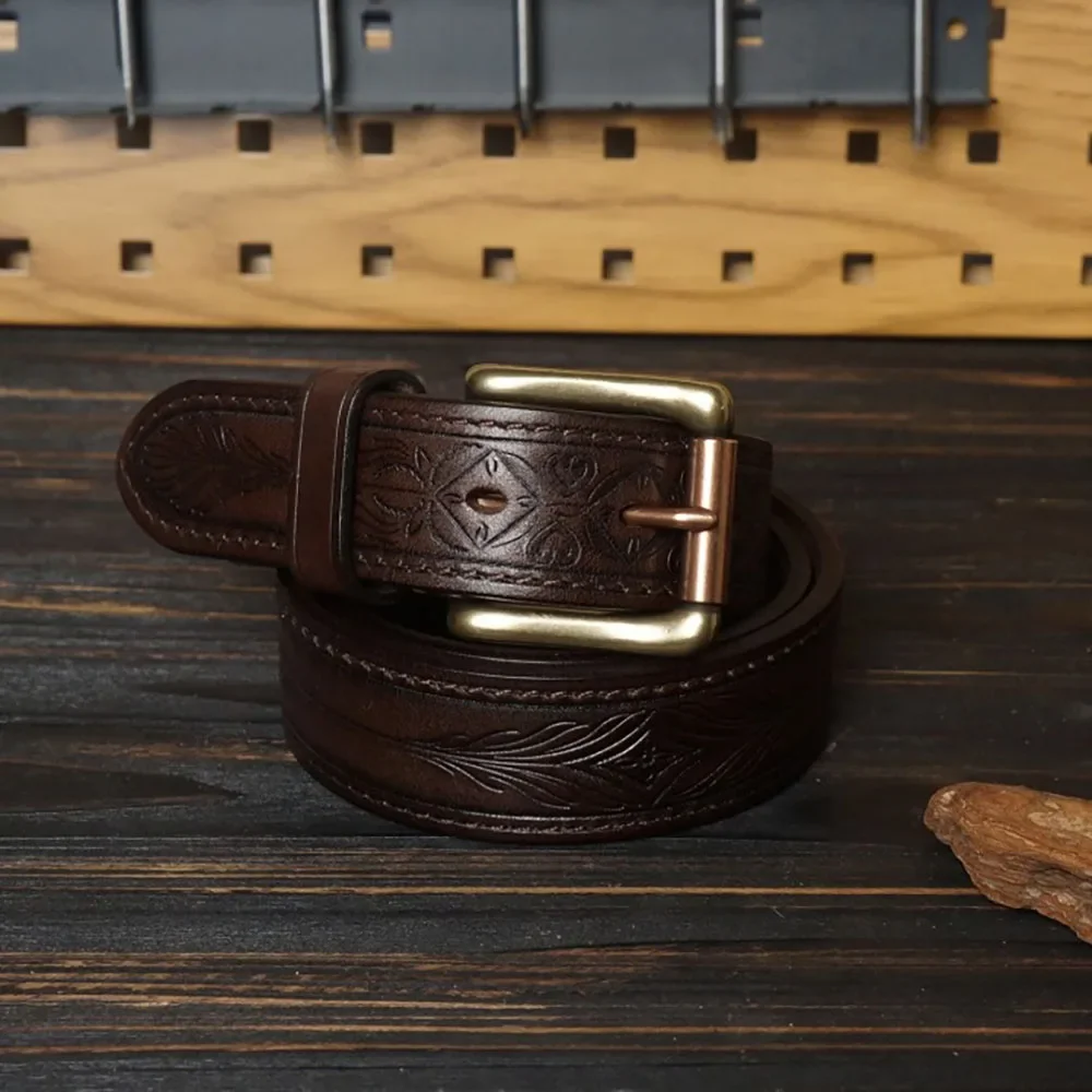 6mm Thickened Carved Vintage American Style Leather Belt with Solid Brass Buckle 38mm Width