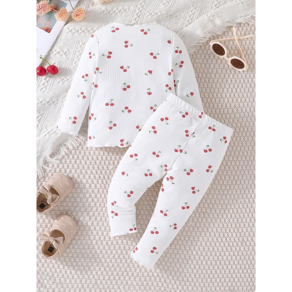 Newborn Girls 3-24 Months Fashion Pajamas Long Sleeve Ruffled Pajamas Cherry Print suit Toddler Baby Clothes