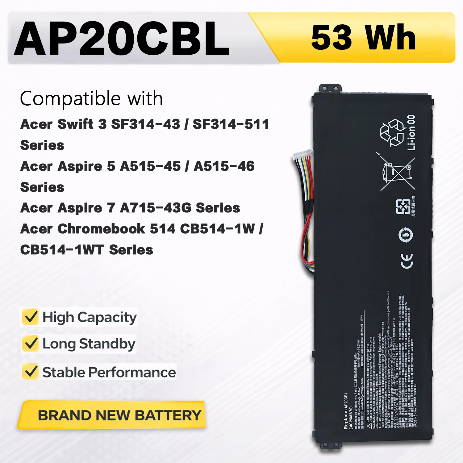 PowerHub AP20CBL 11.55V 53Wh 4590mAh Laptop Battery For Acer Swift 3 SF314-43 SF314-511 Aspire A515-45 A515-46 A715-43G CB514-1W