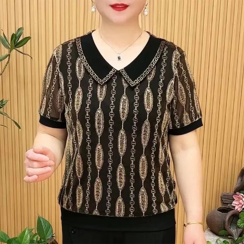 

Female Clothing Doll Collar Blouse Stylish Diamonds Bright Silk Vintage Printed Basic Summer Casual Short Sleeve Spliced Shirt