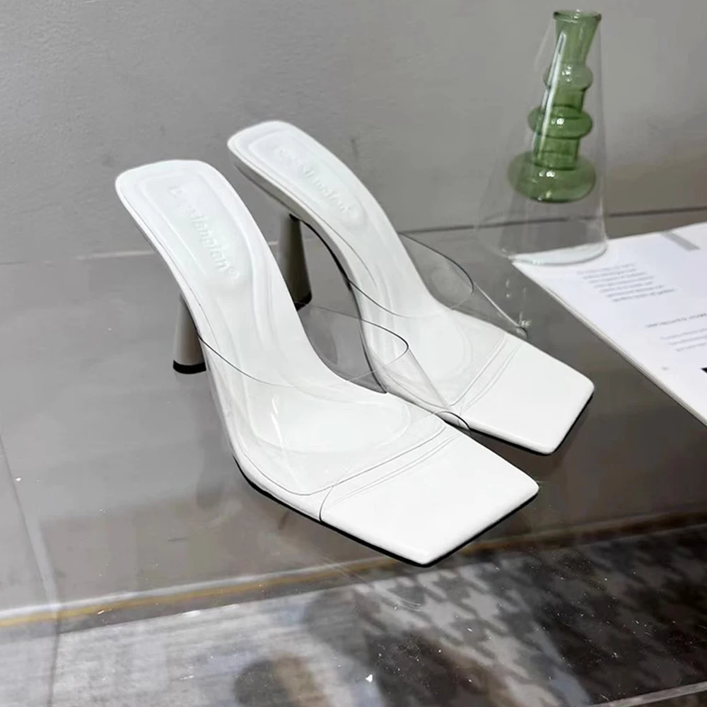 Women Sandals Dress Shoes Transparent Strap Sexy Stilettos Heels Square Open Toe One Band Slip-On High Heeled Slippers Pump Mule
