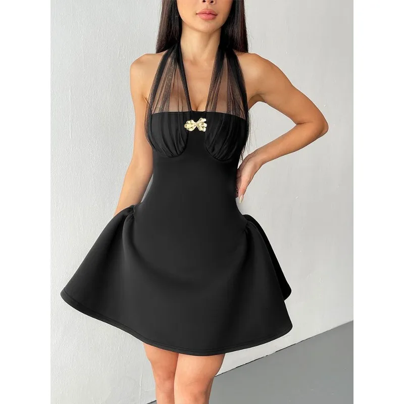 French Mesh Dress Temperament Commuter Spice Girl Retro Waist Skirt High Quality High Appearance Level Individuality Black Dress