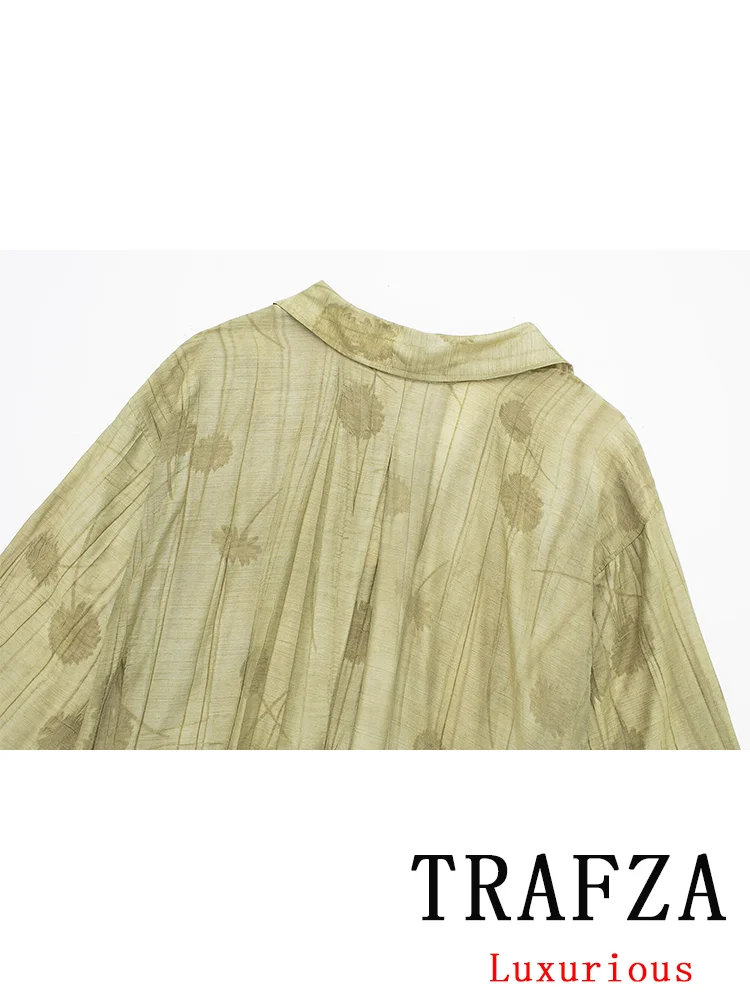 TRAFZA Vintage Green Embroidery Women Suit Single Breasted V Neck Shirts Loose Long Pants Fashion 2024 Spring Summer Sets