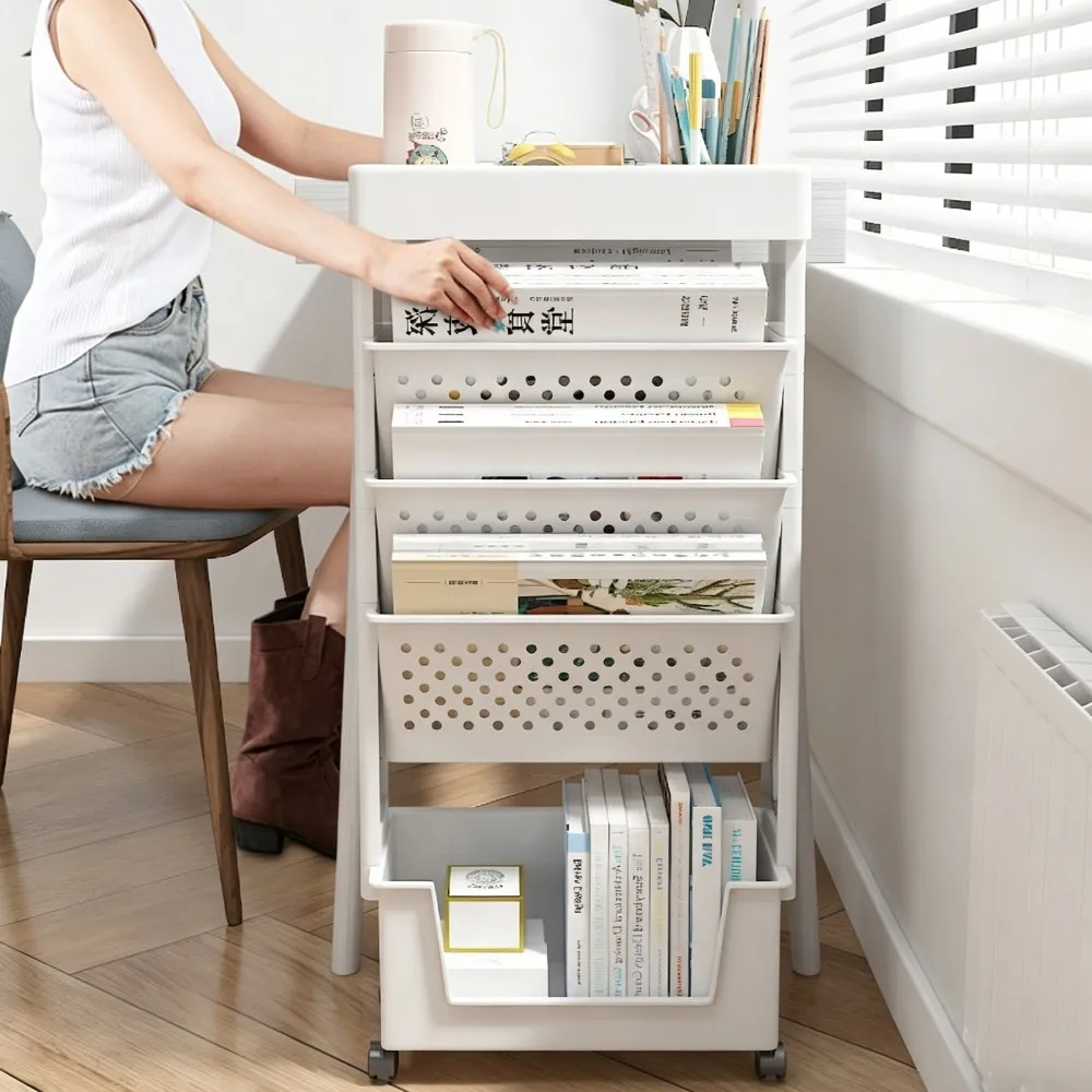 Étagère à livres à 5 niveaux avec roulettes, rangement amovible pour magazines et journaux, étagère de table pour l'école et le bureau