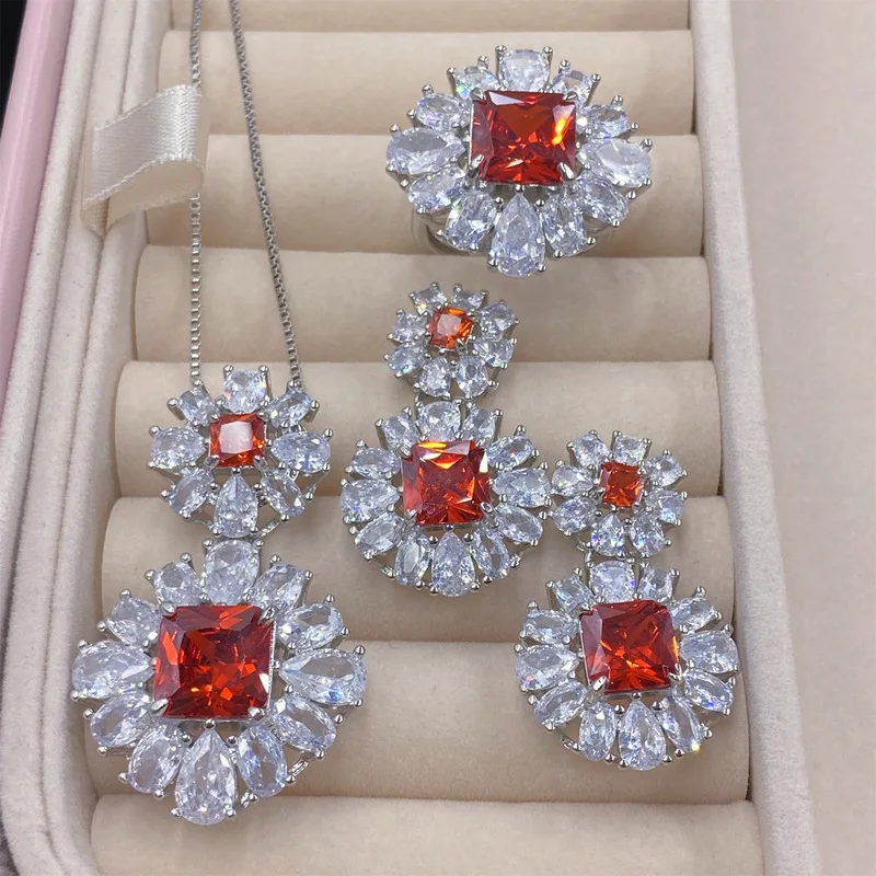 Korean-style Fanta Princess AAA Zircon Diamond High-End Flower-shaped Chrysanthemum Earrings Set, Women's Jewelry