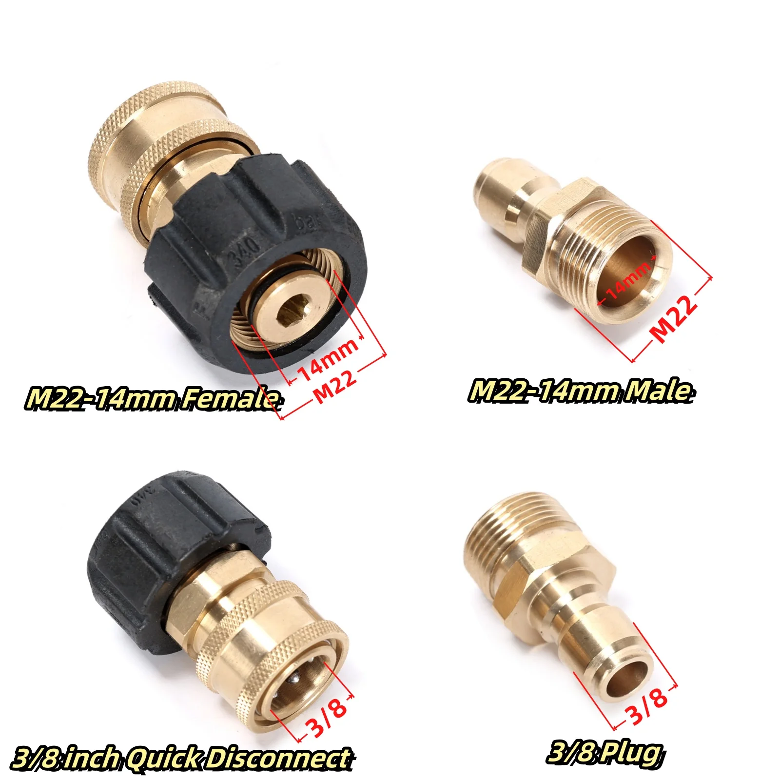 2PCS High Pressure Washer Adapter Set (M22-14mm Inner Diameter to 3/8 Female Head+M22-14mm Inner Diameter to 3/8 Male Head)