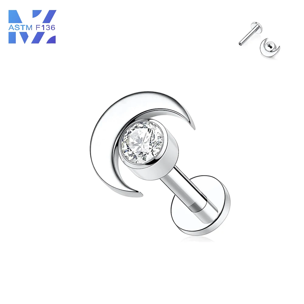 1 Pcs F136 Titanium Alloy 16g Vermiculite Moon Internal Threading Earrings Shiny Nose Nail Nail Polkwake Lip Jewelry