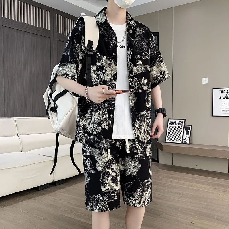 

Summer Shirts + shorts Cotton printing Sportswear Men's Casual striped Sets Male Fashion shorts and shirts