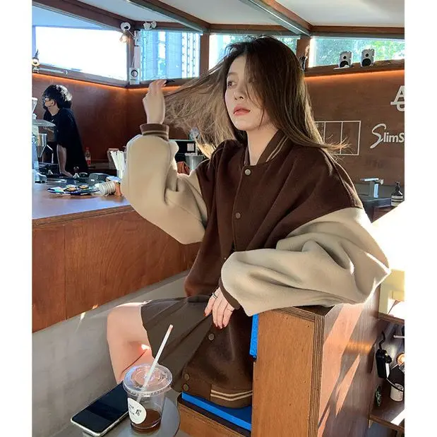 

Retro Thickened Fleece Women's Open Cardigan Casual Style Baseball Jacket Lazy Fashion Sweatshirt Short Length Warmth