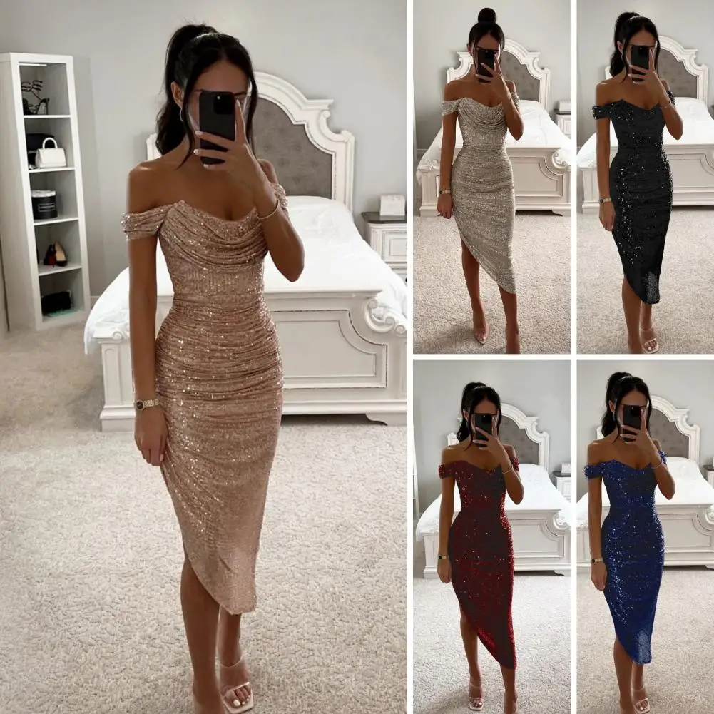 Sequined Evening Gown Elegant Sequin Off Shoulder Evening Dress for Prom Wedding Party Slim Fit Midi Dress with Irregular Hem