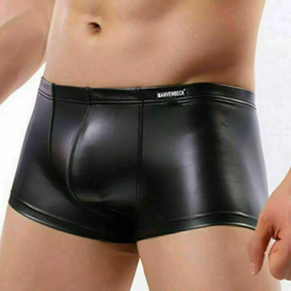 Men Sexy Faux Leather Panties Nightclub Stage Performance Boxer Shorts Gay Fashion Trunks Gay Low-rise U Convex Pouch Underpants