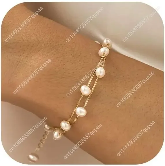 

BERISO Gold/Silver Pearl Bracelets for Women,14K Gold Plated Bracelets Dainty Pearls Beaded Chain Heart Pearl Bracelets