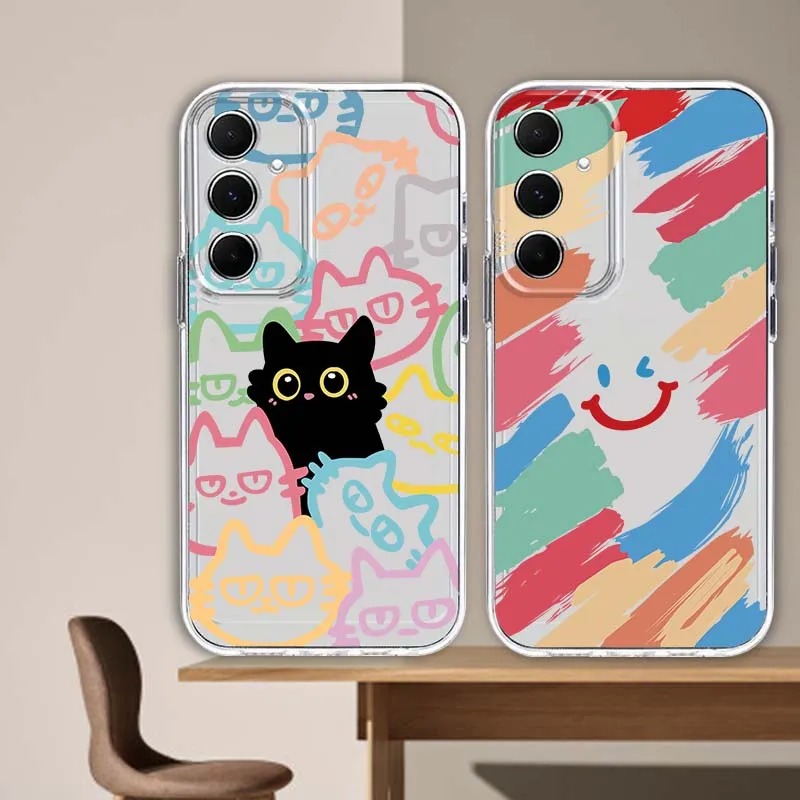 

Colorful Cat Cartoon Graffiti For Samsung S25 S24 S23 S22 S21 S20 S10 Ultra Plus Edge FE 5G Transparent Phone Case