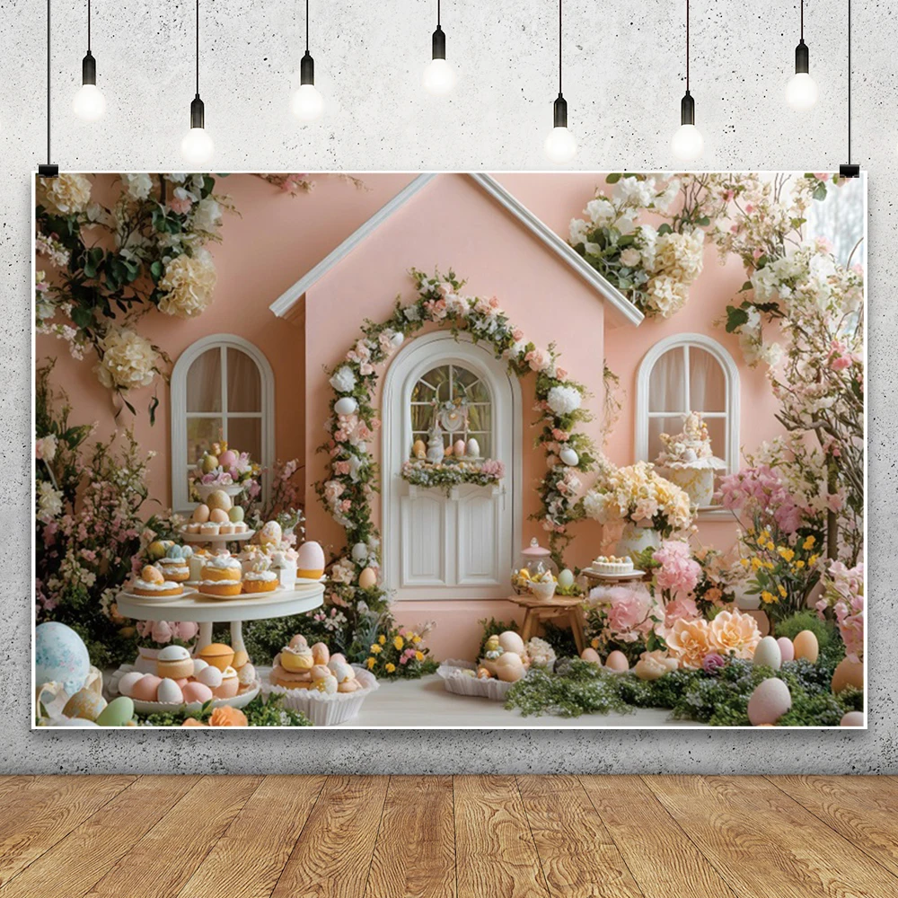 幸せなイースター写真の背景、ピンクの屋内シーンのアーチ、白いドア、誕生日ケーキ、子供の肖像画、花の装飾、写真の背景
