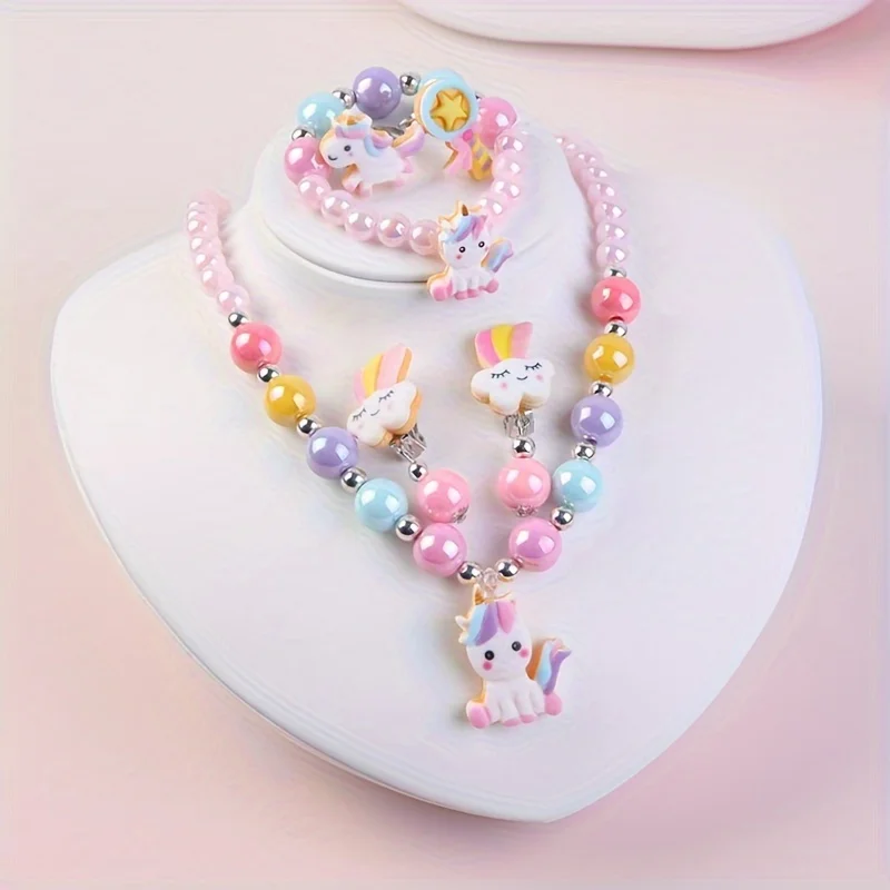 Baby Girl Unicorn Necklace Bracelet Set Dress up Princess Pretend Play Necklace Bracelet Jewelry Gift for Toddlers Kids