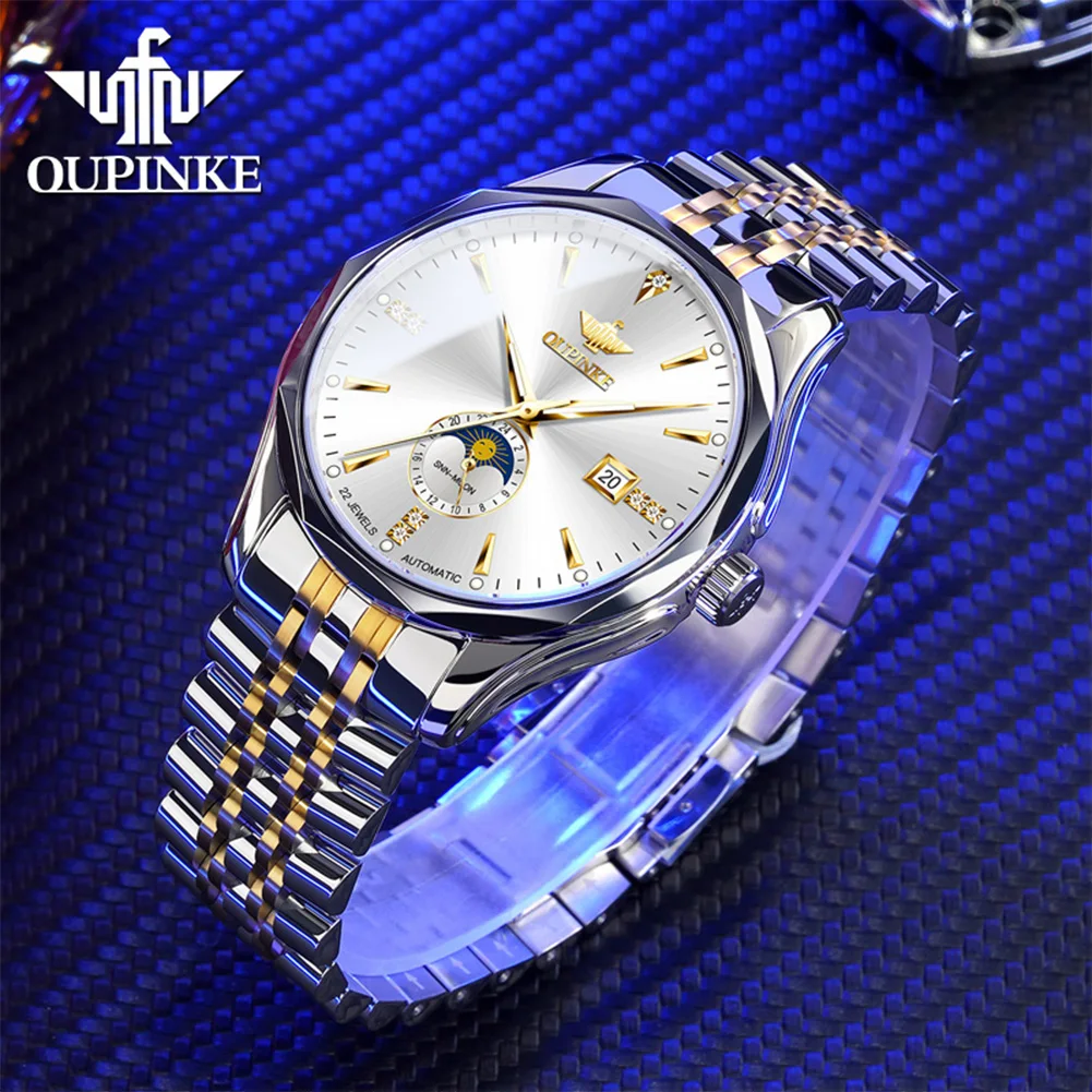 OUPINKE 3275 メンズ腕時計 オリジナル自動巻き機械式時計 ﻿   防水夜光ステンレススチールムーンフェイズ腕時計ギフトボックス